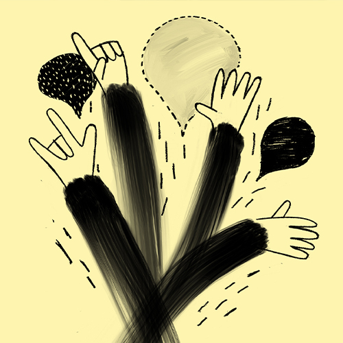 Keltainen tausta, jonka päällä piirrettyjä käsiä, jotka heiluvat eri suuntiin. Taustalla puhekuplia.