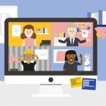 eKollega-hankkeen tuottaman ”eMentoroinnista virtaa yrittäjyyteen” -työkirjan kansikuvassa neljä yrittäjää keskustelee verkkotapaamisessa.